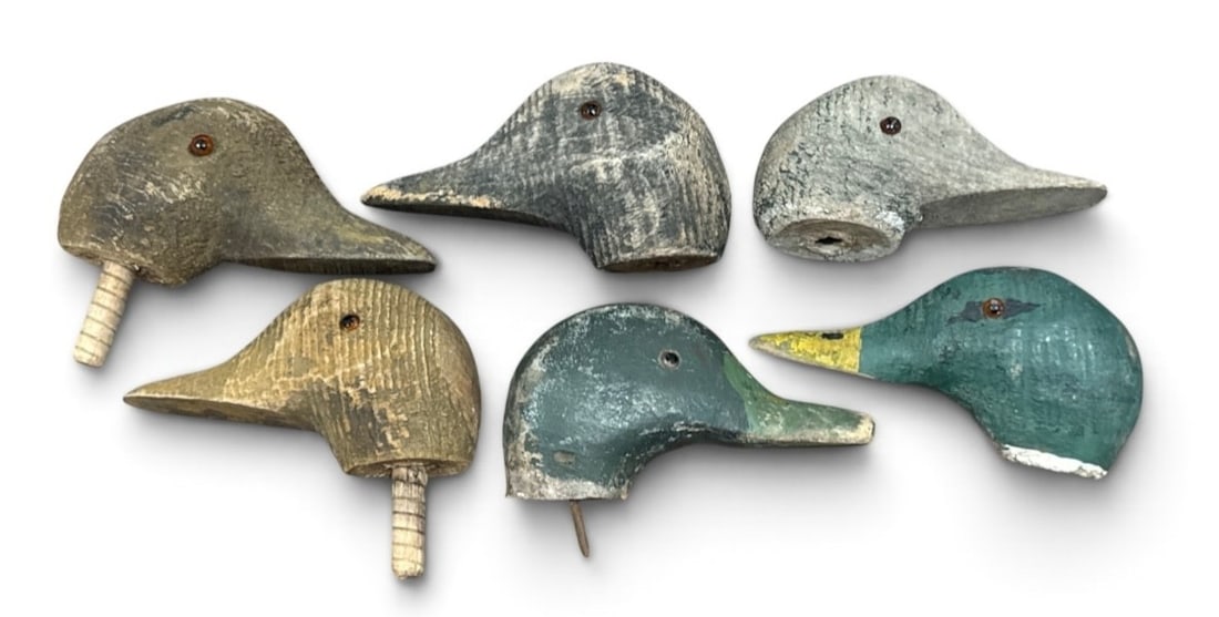 Collection of Early Duck Hunting Decoy Heads: Each measures 3.25" H x 2" W x 5.5" D.