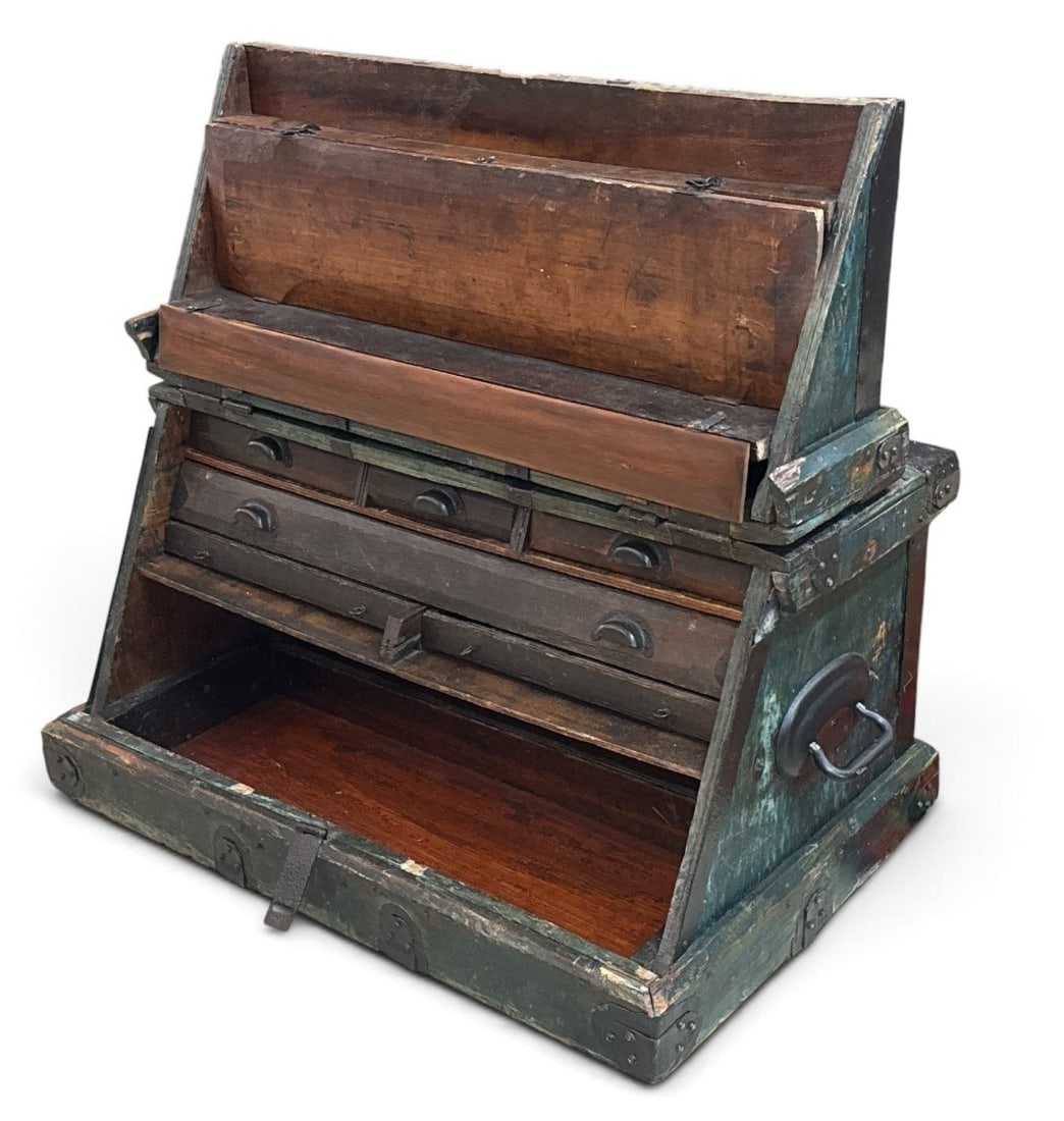 Converted Antique Steamer Trunk Tool Chest: See photos for all compartments. Has 6 pull out drawers, 2 drop downs for storage and very bottom is open storage. Wood with metal & wrought metal accents. 19" H x 38" W x 23" D.