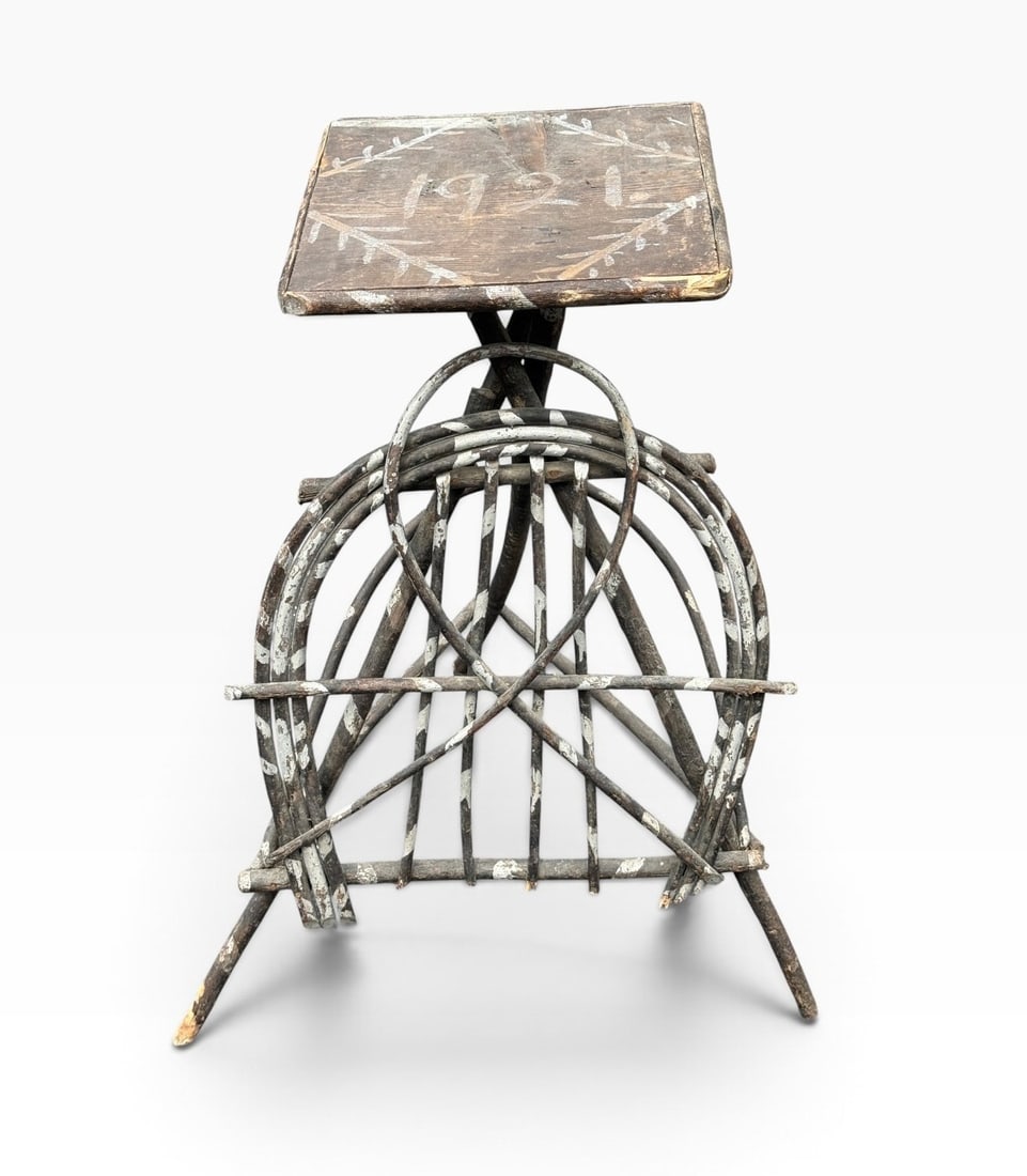Antique Folk Art Plant Stand, 1921 Adirondack: Measures 32" H x 24" W x 24" D at base. 1921 top measures 12.25" W x 12.25" D.
