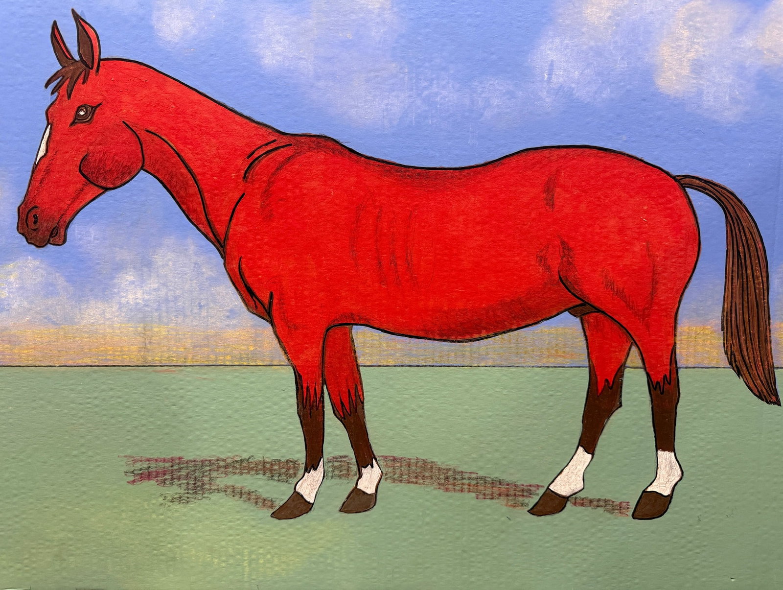 Outsider Art Red Horse "Lexington" Painting: Acrylic on cardboard. Signed Cliff, dated 2014, and titled "Lexington" (1850-75) en verso. Folk art soda pop tab for hanging purposes. Measures 25" H x 32.25" W.