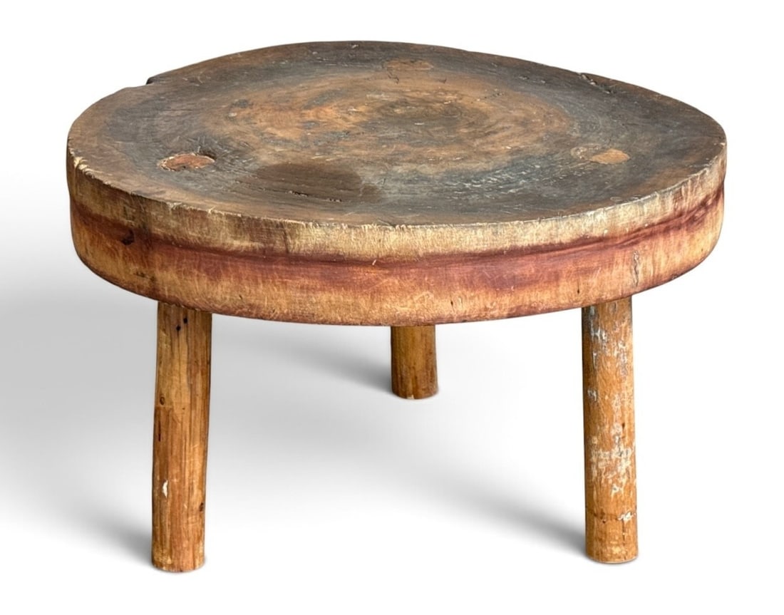 Antique French Butcher Block Converted Coffee Table: 19" H x 31.5" overall diameter. Branding to underside.