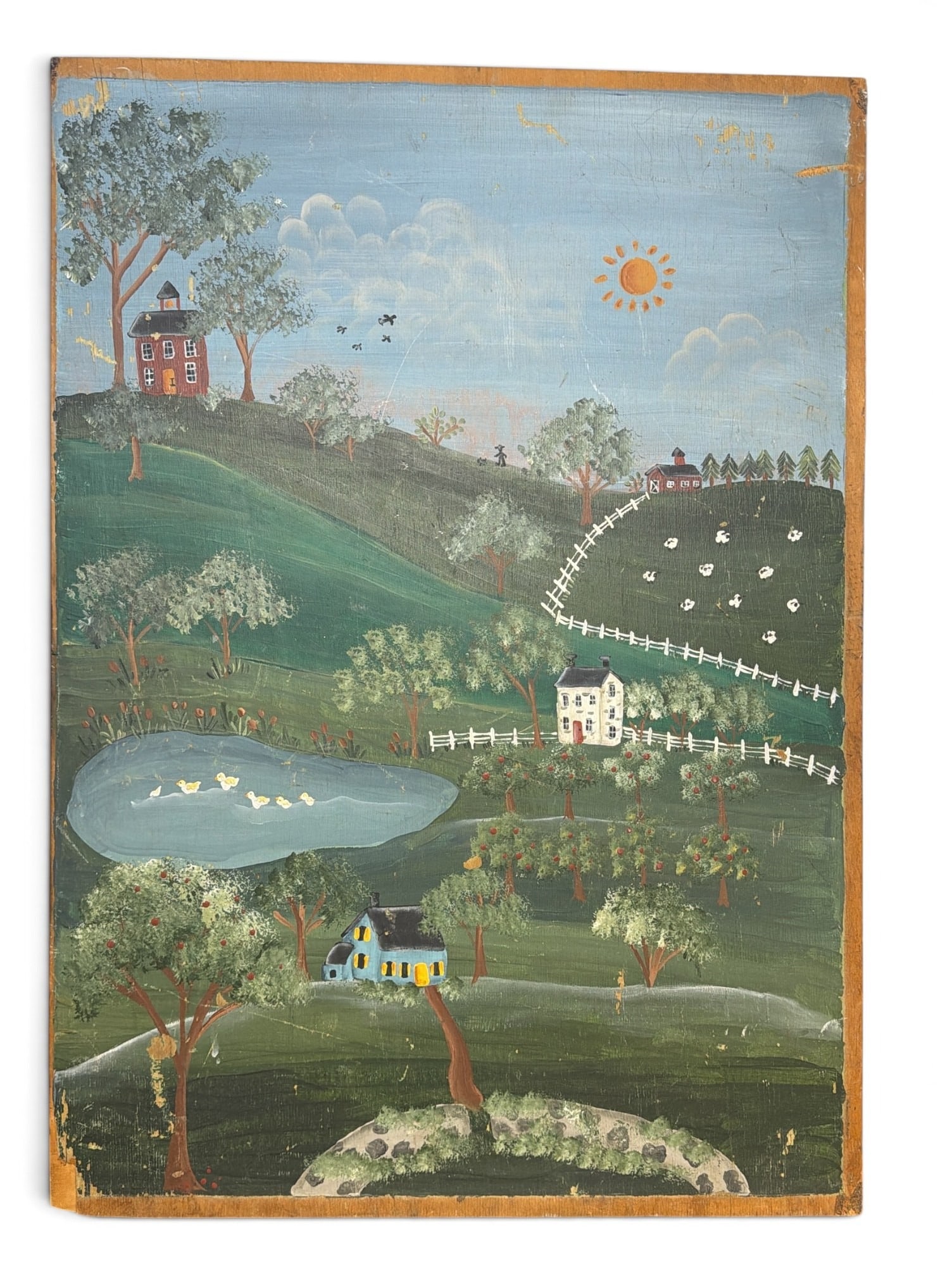 Folk Art Pastoral Landscape Painting: Acrylic on board.25.75" x 18.25" W.
