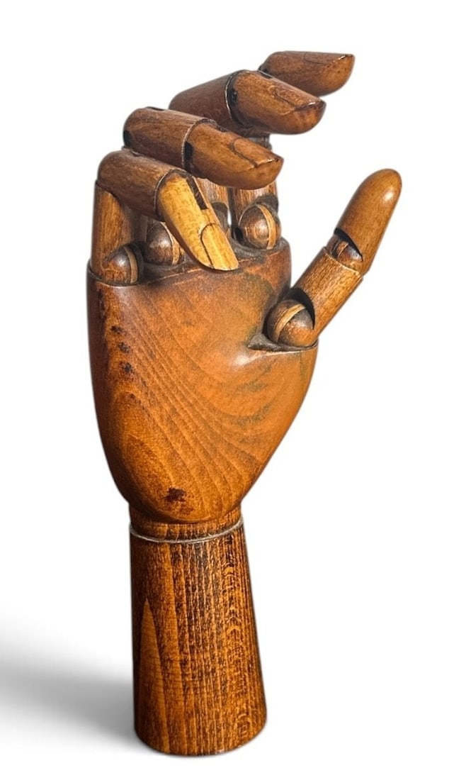 Early to Mid 20th C Articulating Mannequin Hand: 12" H x 4" W x 2.25" Diameter at the base.