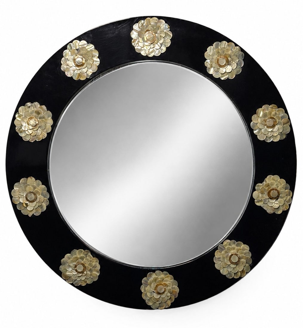 Art Deco Style Floral Motif Mother of Pearl Mirror: Measures 20" Diameter x 1" D.