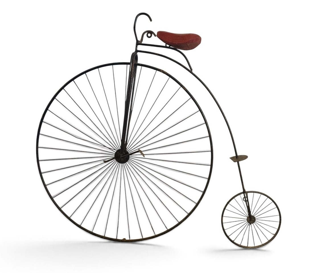 CURTIS JERE Penny Farthing Bicycle Sculpture: Wrought metal and wood. Has two brackets for wall hanging. Measures 28" H x 32" W x 5" D. Unsigned.