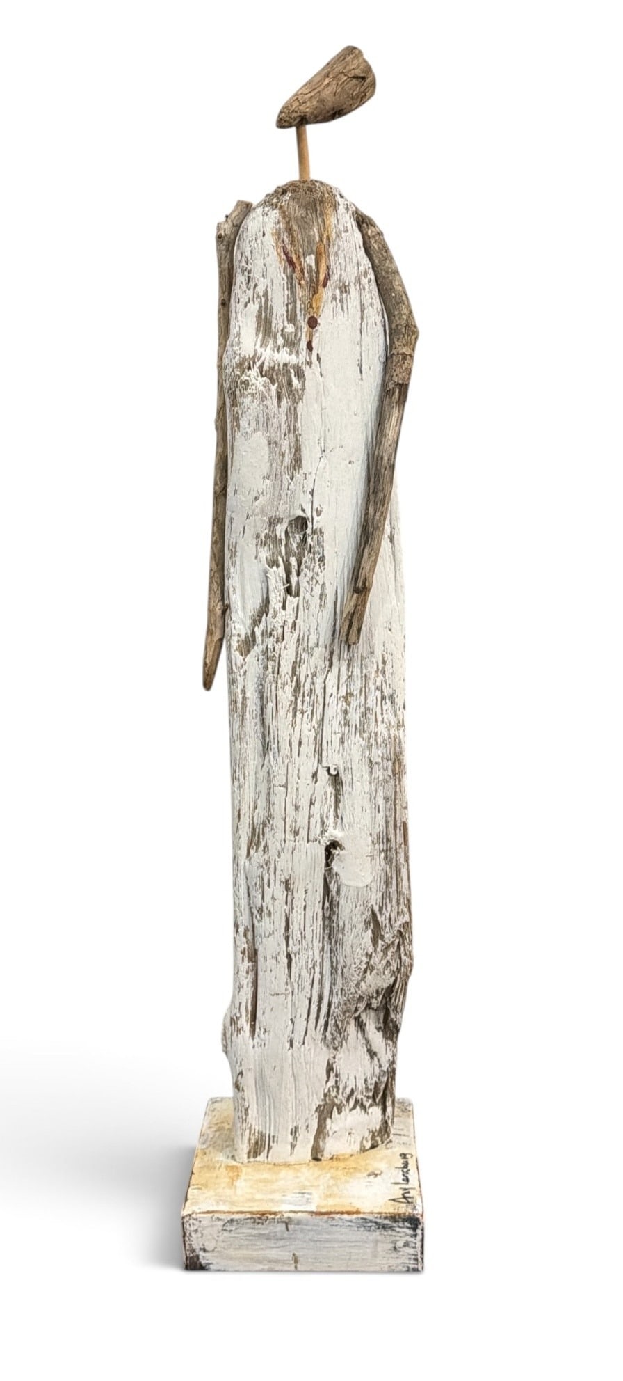 AMY LANSBURG (American/Michigan/Georgia, b. 1964) Folk Art Driftwood Figure Sculpture: Measures 28" H x 5.5" W x 5.5" D. Signed on base. Acrylic on driftwood. Amy Lansburg is an American folk and self-taught artist best known for her expressive, whimsical sculptures made from naturally