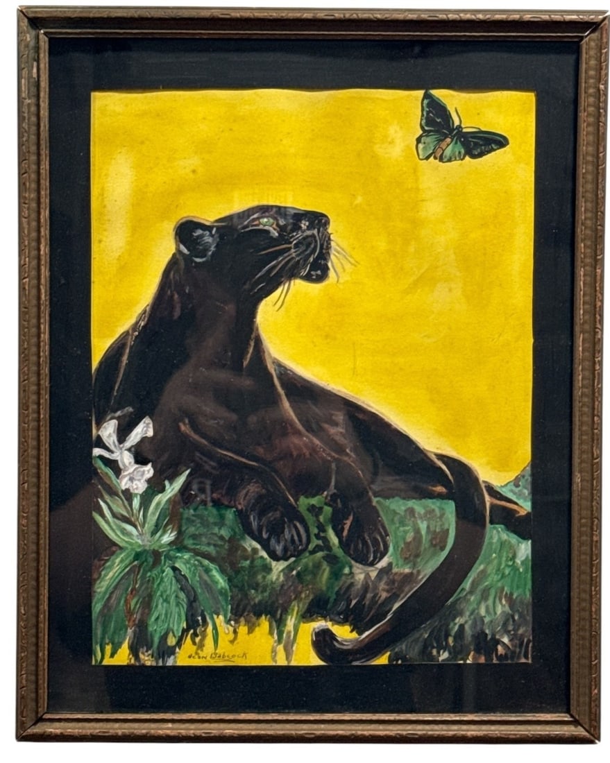 After LYNN BOGUE HUNT (American, 1878-1960) Panther With a Butterfly: Signed by artist Dean Babcock, acrylic and watercolor on paper. Measures 15" x 12" x .25" D in the frame, sight measures 11.25" x 9".