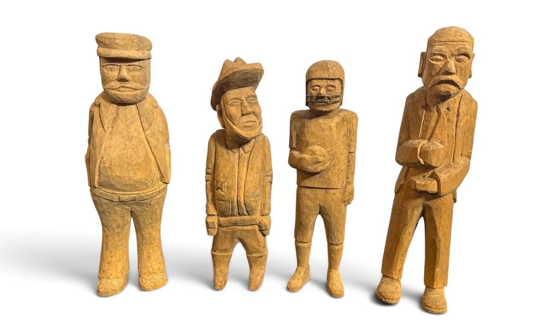 Hand Carved Figural Men Folk Art Sculptures: Carved wood. Largest (far left) measures 10" H x 3" W x 3" D.