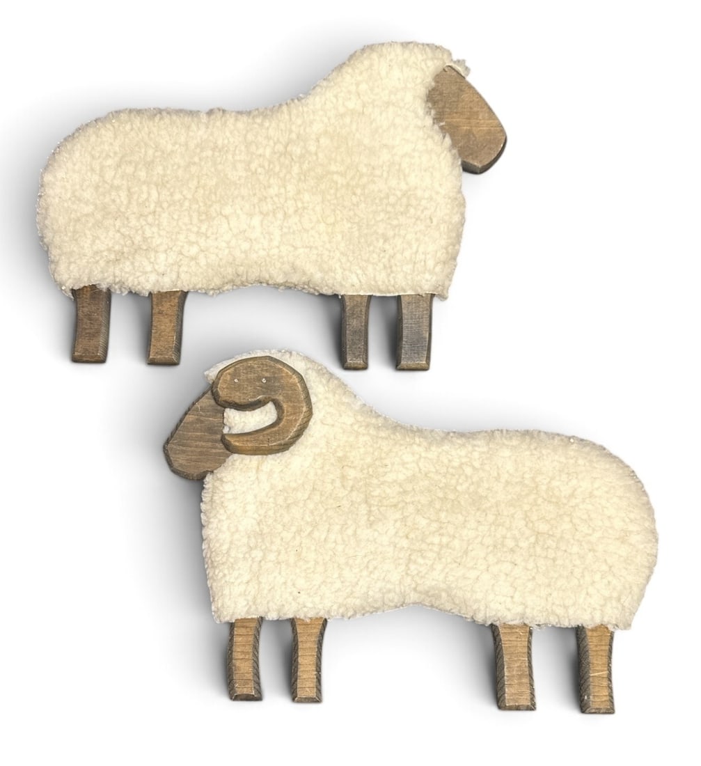 Folk Art Ram & Sheep Wall Mounts: Wood and faux wool. 11" H x 15.5" W x 1.5" D, each.