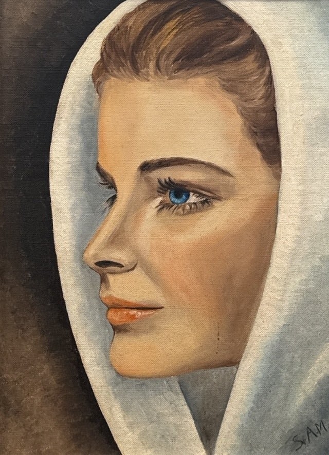 Portrait of CANDICE BERGEN as a Nun, 1967: Acrylic on board. Painted by Sister Ann Marie on Christmas 1967 at St. Joseph's Orphans Home. We are unsure as to why Candice Bergen was used as the subject for this nun as nun's take an oath of