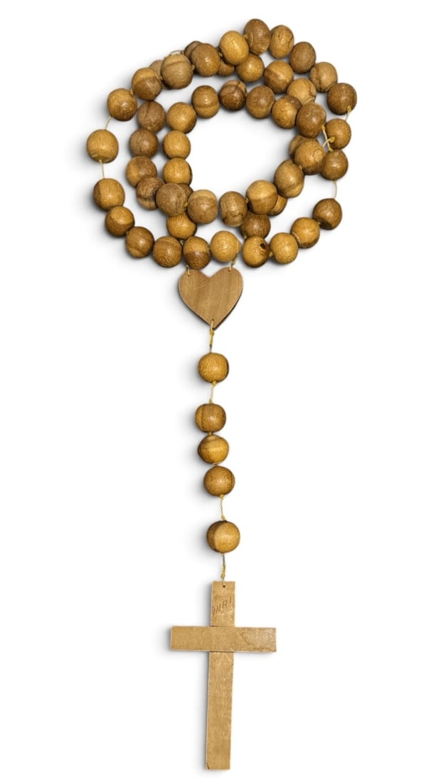 Large Folk Art Carved Rosary: Carved wood. 49" long overall. Cross measures 5.75" H x 6.5" W.