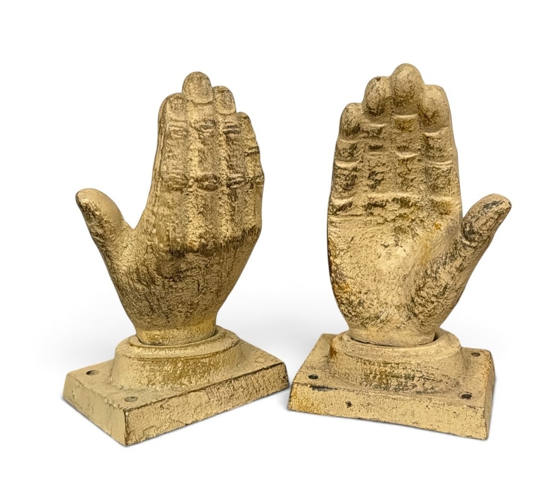 Cast Metal Prayer Hand Bookends/Sculptures: Each measure 6.5" H x 3.75" W x 2.5" D.