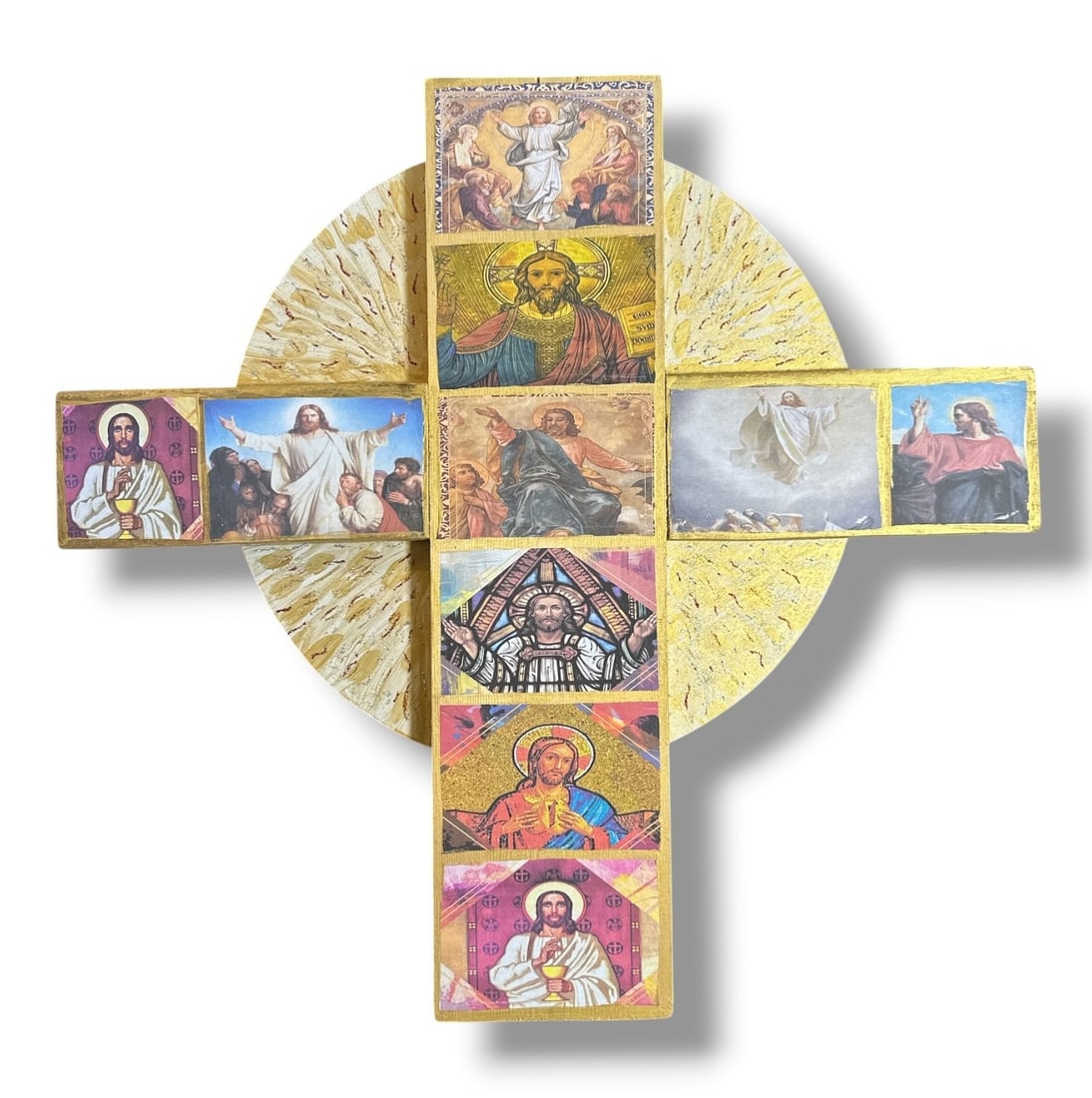 POPS CASEY (American 20th C) Folk Art Religious Icon: 21.5" H x 22" W x 1" D, a new landscape for POPS CASEY, a religious icon, POPS works with themes of America, blue collar and religion.