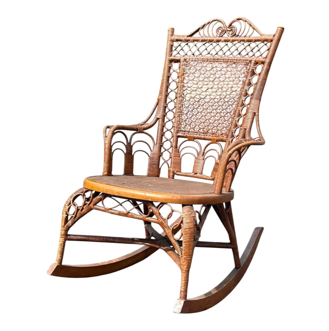 Petite Antique Victorian Wicker Rocking Chair: Measures 34" H to back x 15" H to seat x 22.5" W x 29" D.