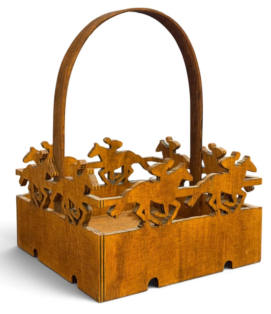 An Early 20th C Figural Horseracing Basket, Folk Art: 9" H x 7" W x 7" D. Carved wood silhouettes of galloping horses and jockeys.