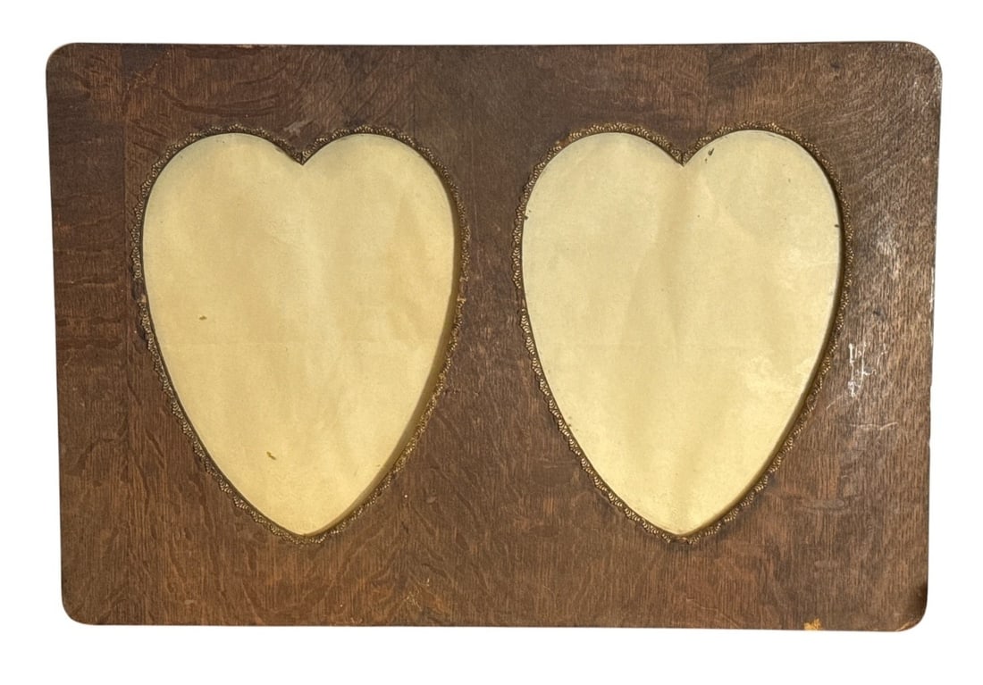 Early 20th C Folk Art Double-Heart "Lovers" Picture Frame: Wood with gilt heart trim and glass. 15" H x 22.5" W x 1" D.