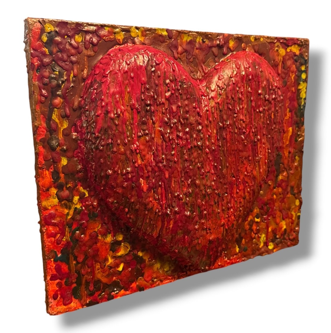 POPS CASEY (American, 20th C.) "Bleeding Heart" Folk Art Sculpture: Mixed media. Melted candle and crayon over wood. Signed "Pops Casey U. S. A. " en verso. Measures 13" H x 16" W x 2" D.