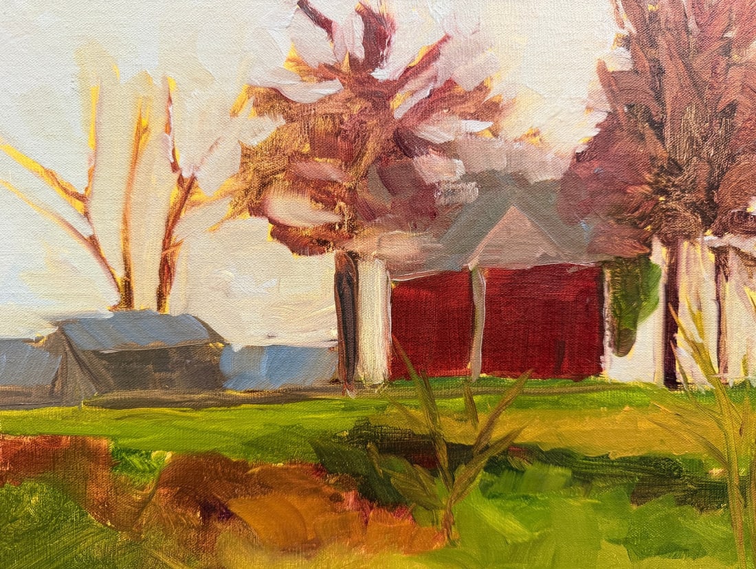 Folk Art Acrylic on Board of Farm: Measures 11" x 14".