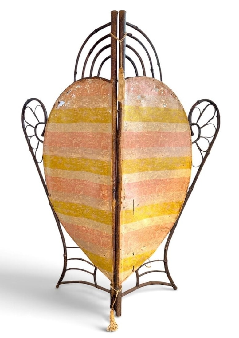 Early 20th C. Bentwood Silk Firescreen: Double sided, silk embroidery with a hand made bentwood frame. Used in the off-seasons, a gorgeous example. Measures 41" H x 36" W x 1" D.