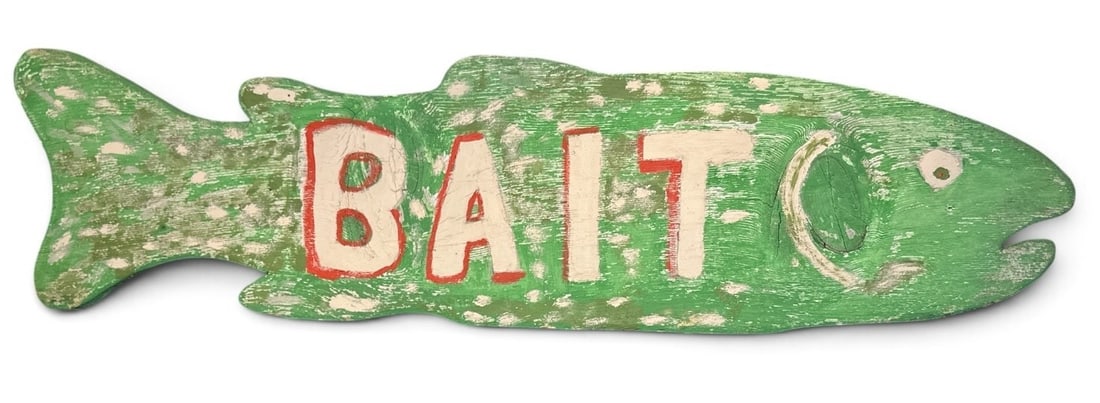 Folk Art BAIT Fish Trade Sign: Measures 11.5" H x 43" W x .5" thick.