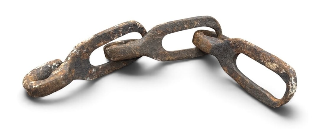 Early Iron Nautical Shipyard Chain: Measures 21" long x 2.5" W x 2.5" D altogether. Each link unhooks.