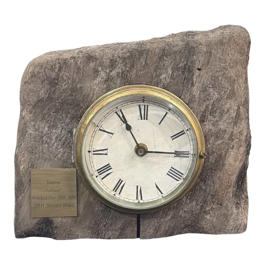 Salvaged Shipwreck Architectural "Calumet" Steamer Bulkhead Clock: Plaque reads "Steamer Calumet, Wrecked Nov.28th 1889 off Ft Sheridan Illinois". Measures 10" H x 11" W x 3" D.