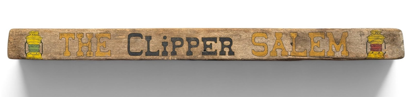 Folk Art "The Clipper Salem" Advertising Sign: Measures 4.5" H x 50.5" W x 1" D.