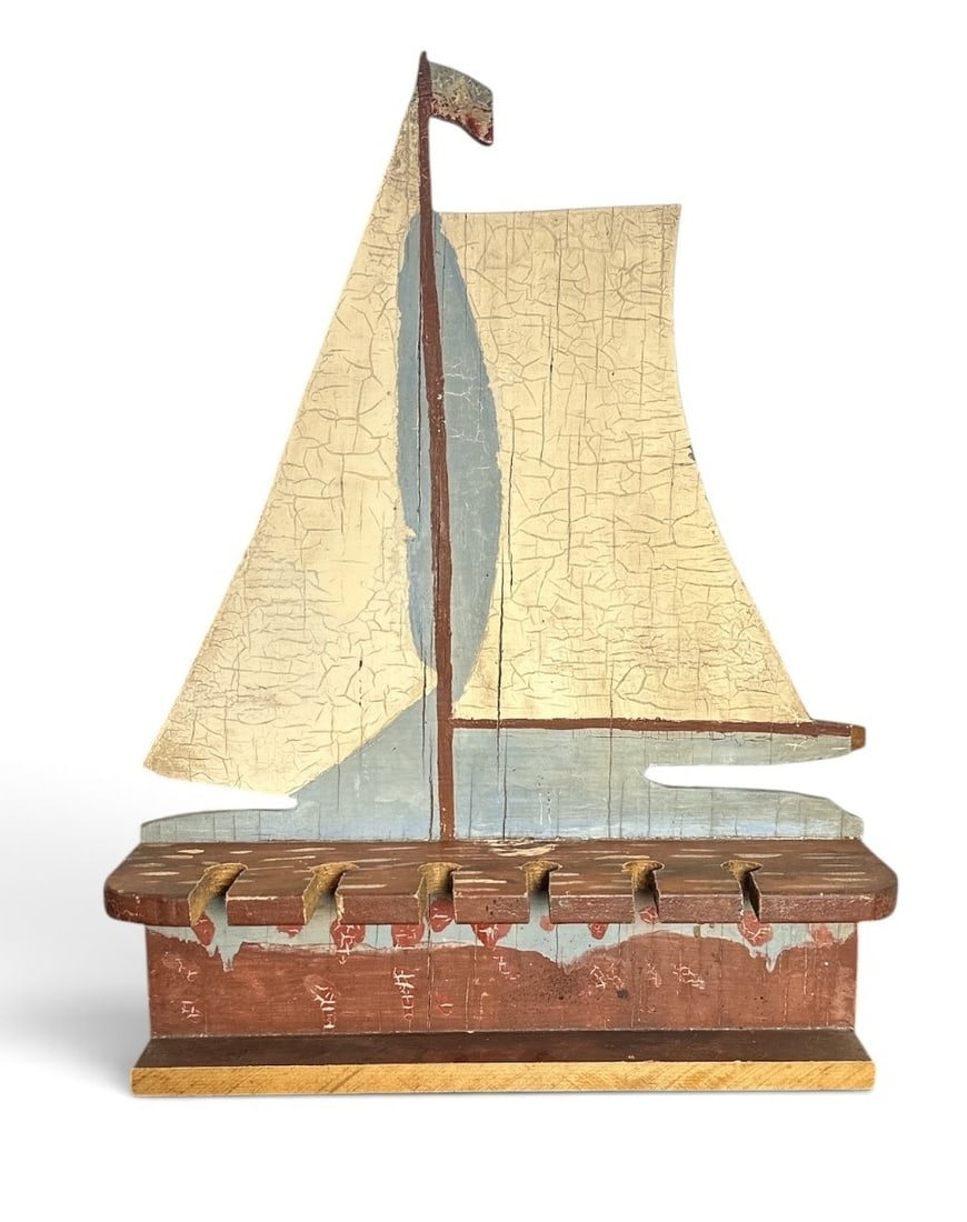 Early 20th C Folk Art Sailboat Wall Rack: 16" H x 12" W x 3.5" D.