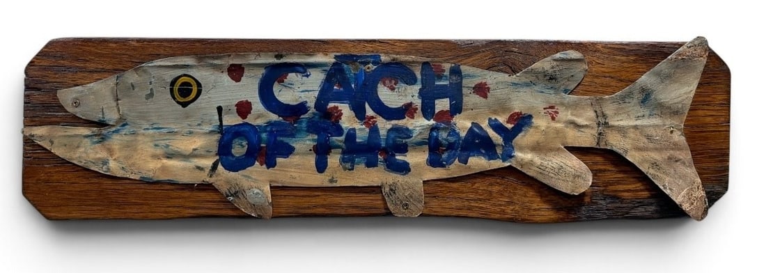 Folk Art "Catch of the Day" Trade Sign: Painted scrap metal applied to wood.5.5" H x 21.25" W x1" D.