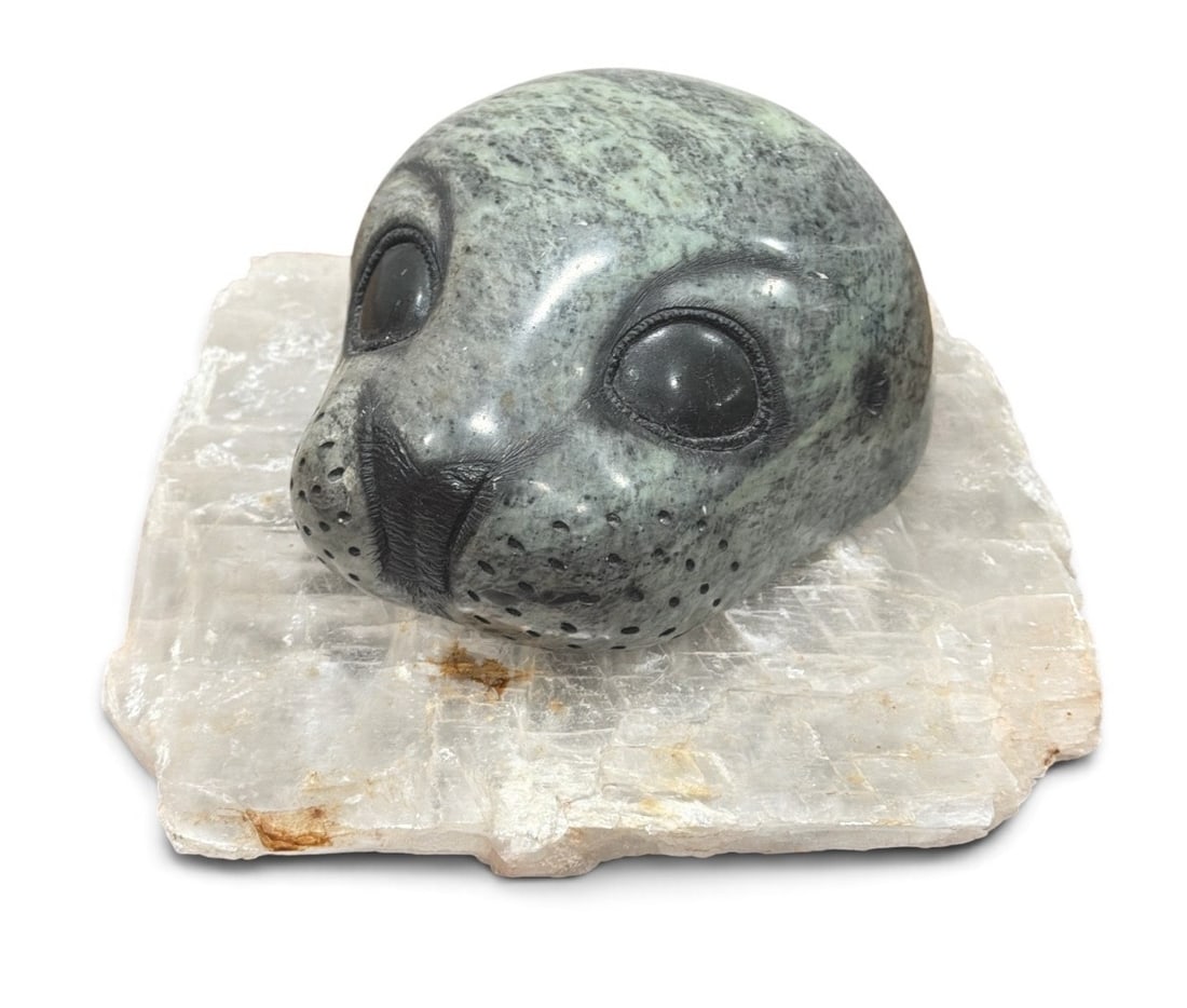 Carved Soapstone Seal Sculpture, CRAIG BENSON (Canadian, b. 1949): Head is 3" H x 5.5" W x 6" D. Ice slab is .25" H x 7.5" W x 7.5" D.