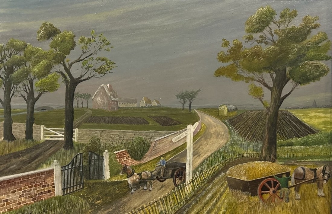 Folk Art Farm Landscape Painting, A. R. PURPLE: Measures 18" x 26" x 1" D in the frame, sight measures 14" x 21".