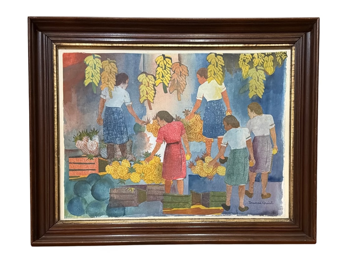 FRANCIS HIGER QUINT (1907-1994) "The Fruit Market" Mixed Media Collage: Applied paper collage, watercolor on paper. ?Fran? Quint was a distinguished Michigan artist and illustrator from the Detroit area. She studied art at the Parsons School of Design in New York before e