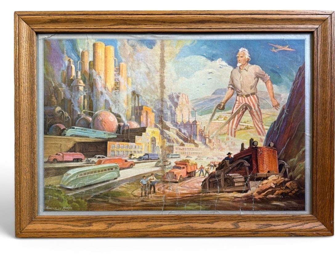 WALTER DE MARIS (American, 1877-1947) Neo Industrialism, Uncle Sam Illustration Print: Print on board. Measures 24.75" H x 35" W x 1" D in the frame. Sight measures 20.25" x 30.5". Walter De Maris was an American illustrator and cartoonist for the Osborne Company in addition to extensiv