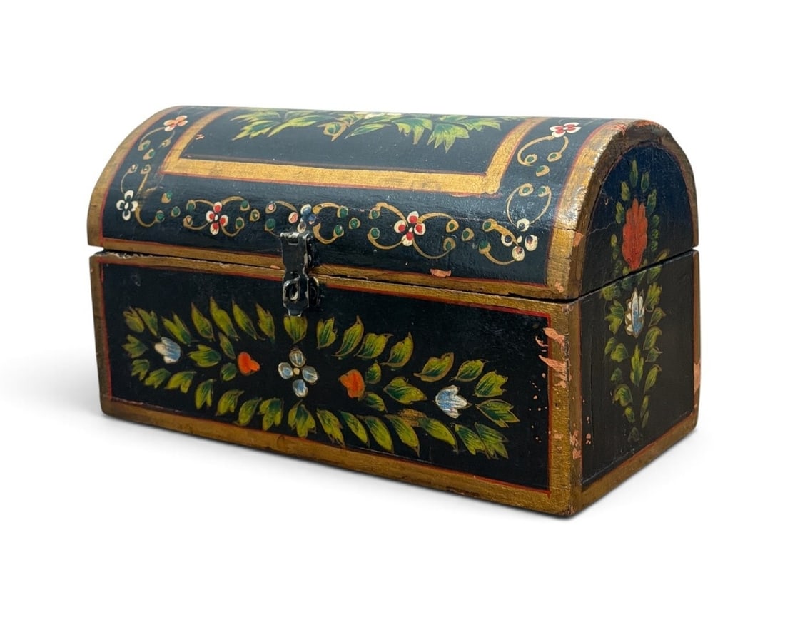 Petite French Folk Art Painted Box: 5.5" H x 9.75" W x 5" D.