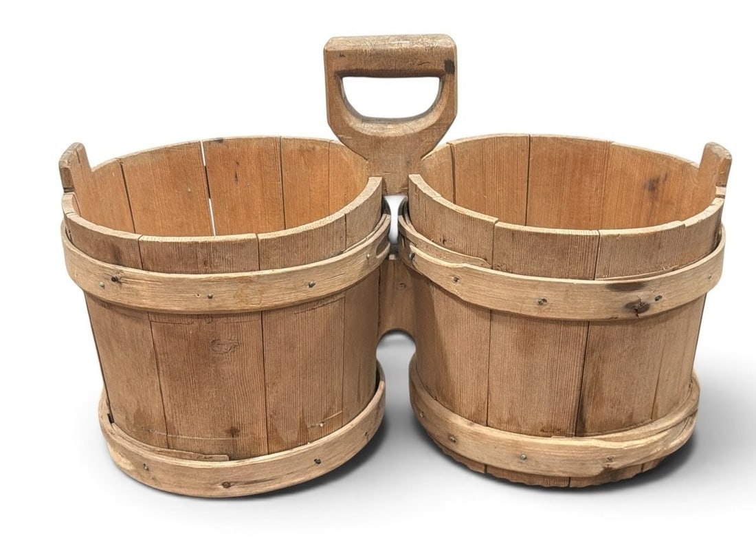 Primitive Double Bucket Harvesting Basket, Swedish: 9.25" H x 15" W x 7.5" D.
