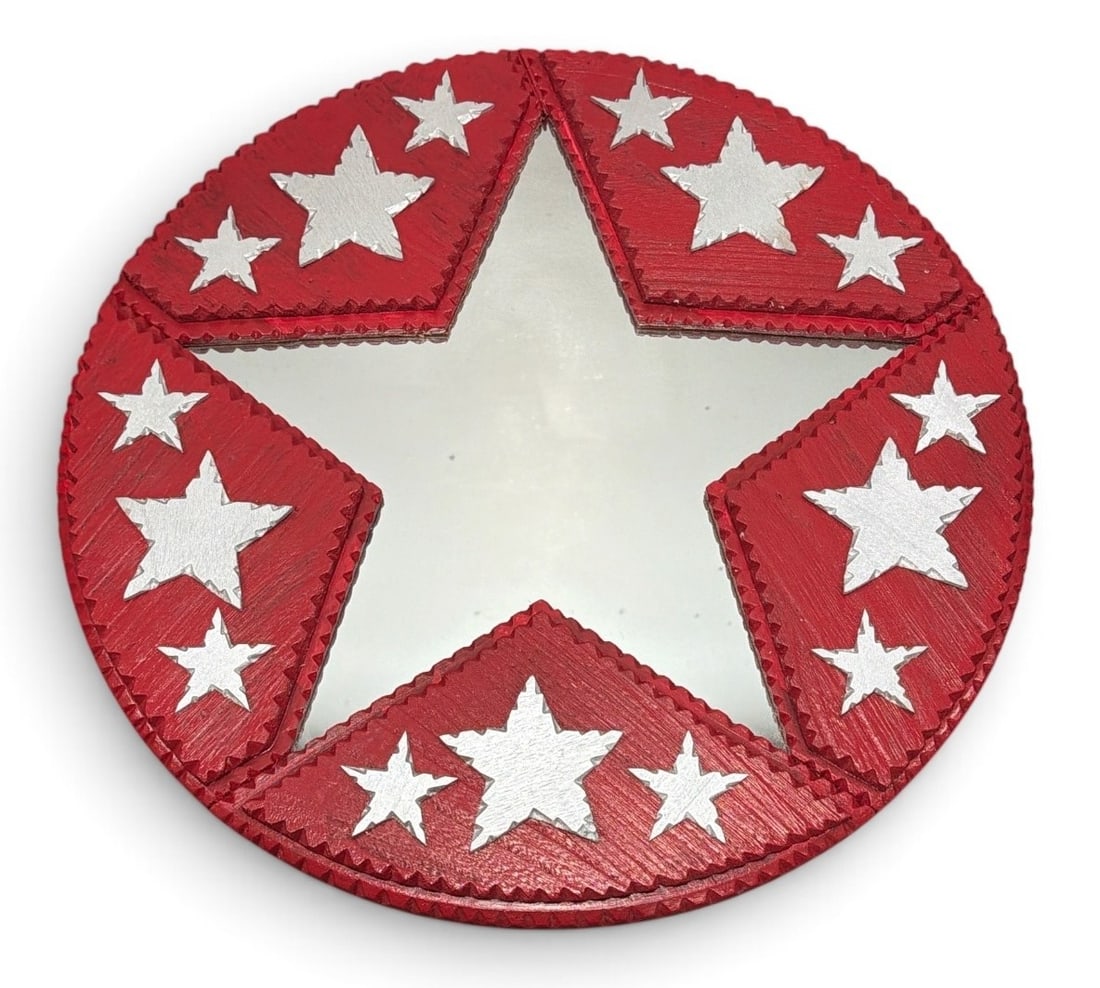 POPS CASEY Folk Art Star Wall Mirror: Measures 1.5" H x 17.5" overall diameter. Signed Pops Casey, USA en verso.