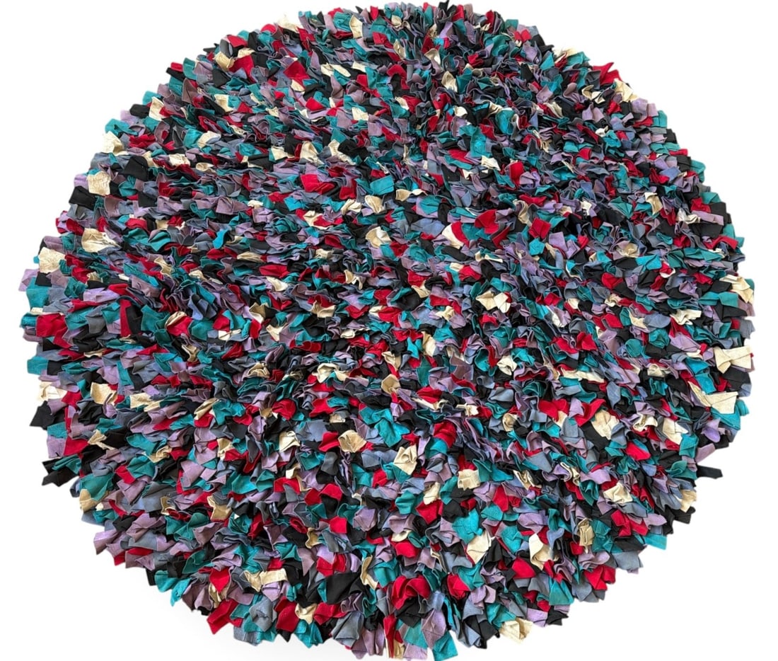 Vintage Shaggy Rag Rug: 60" overall diameter.