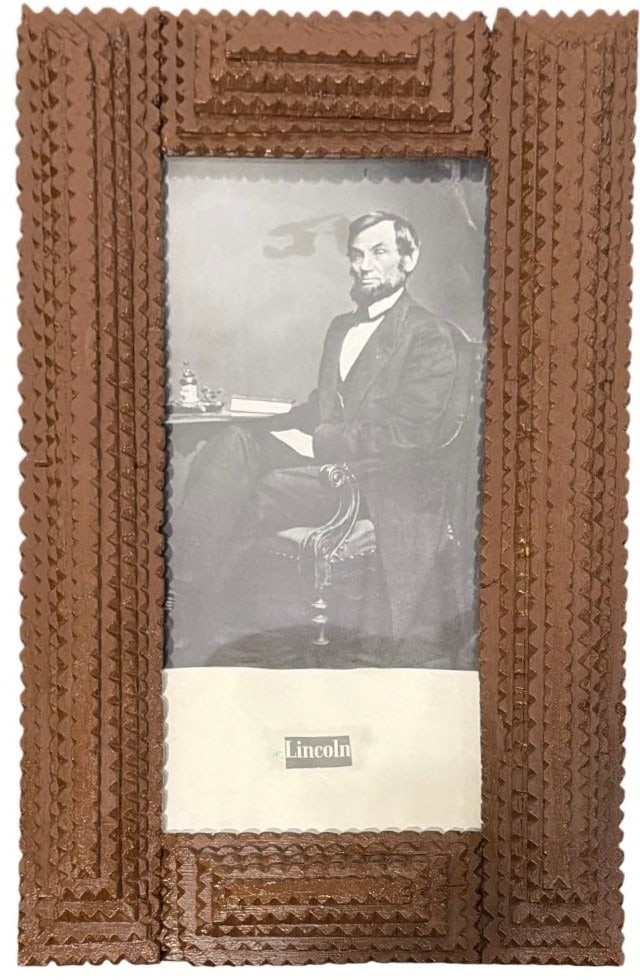 POPS CASEY (American, 20th C.) Tramp Art Photo Print of Abraham Lincoln: Measures 17.75" x 11" x 2.5" D in the frame, sight measures 12.5" x 5.5".