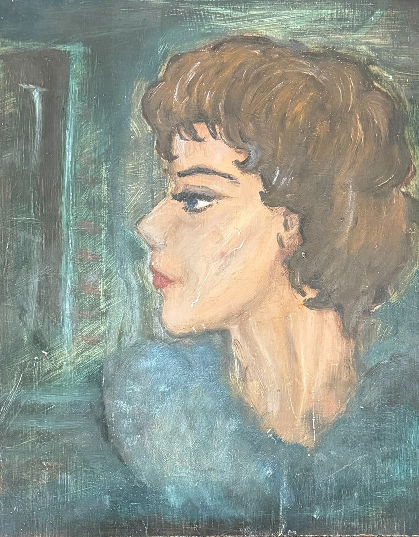 Mid Century Painting of a Woman: Acrylic on board. Measures 10" x 8".