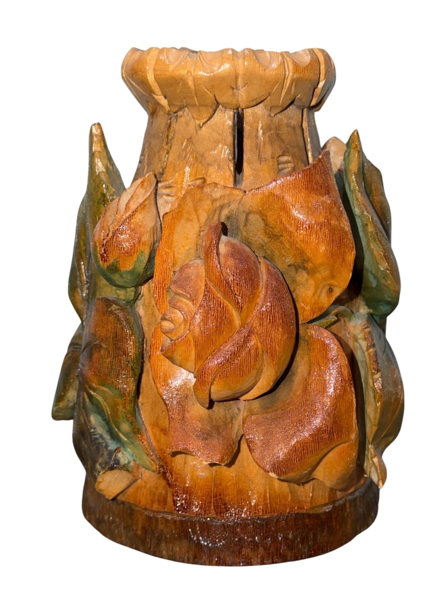 Rose Motif Carved Wood Vase: Measures 7" H x 5" overall diameter.
