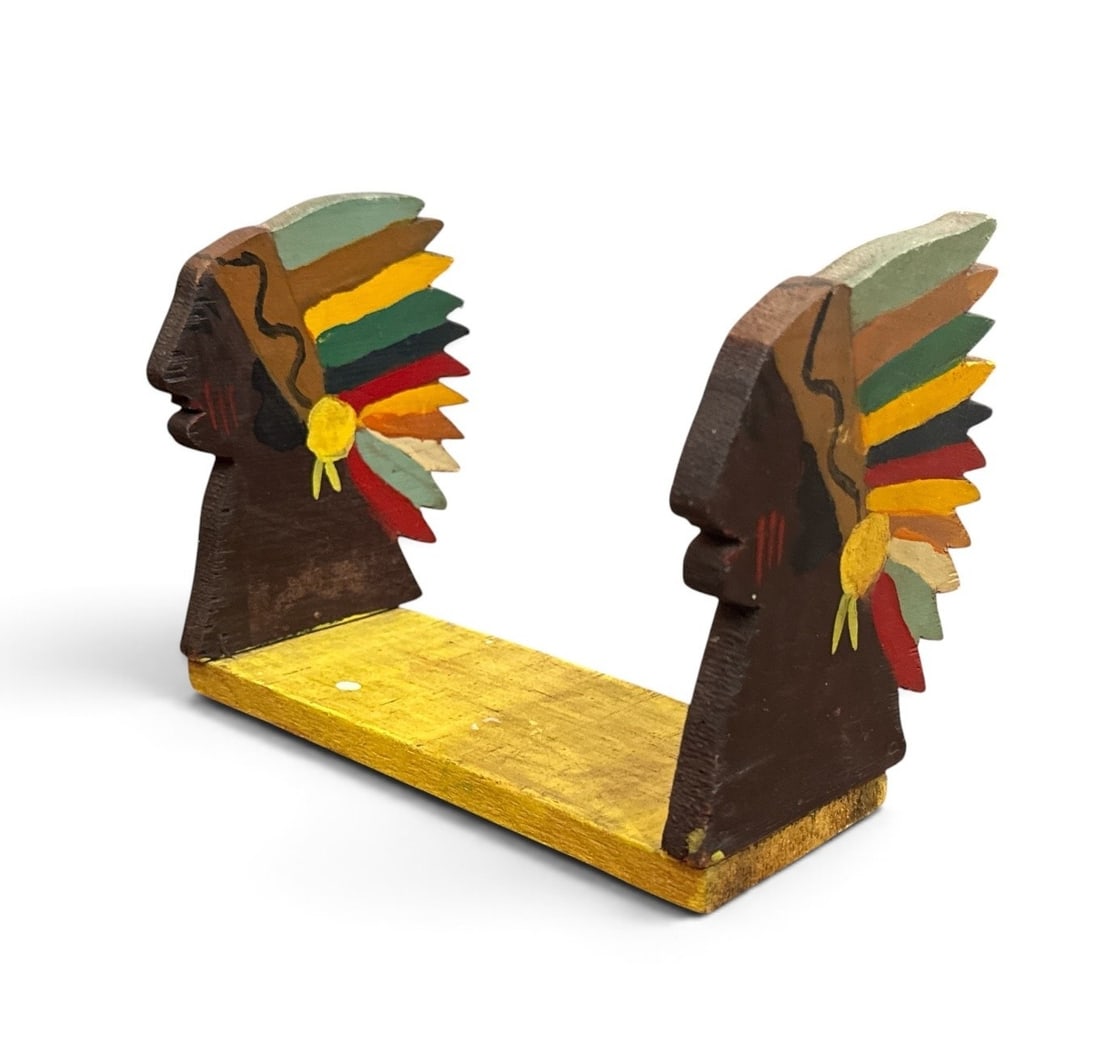 Folk Art Book Stand w Painted Native Americans, Dated 1930: Measures 5" H x 7.5" W x 4" D. Signed on the bottom.
