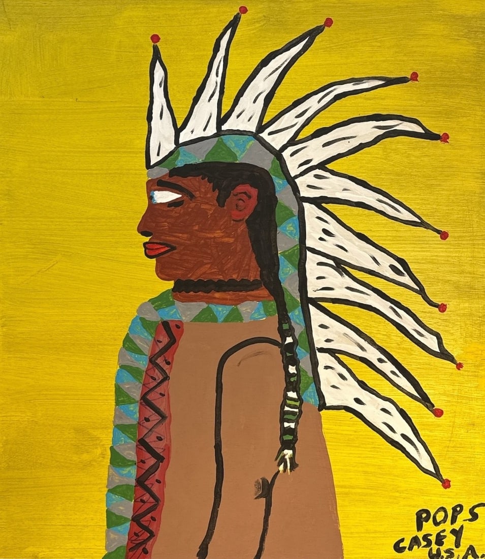 POPS CASEY (American, 20th C.) Folk Art Native American Painting: Acrylic on reclaimed wood/board. Signed "Pops Casey U. S. A. " lower right. Measures 27.5" H x 24.5" W x .25" D.