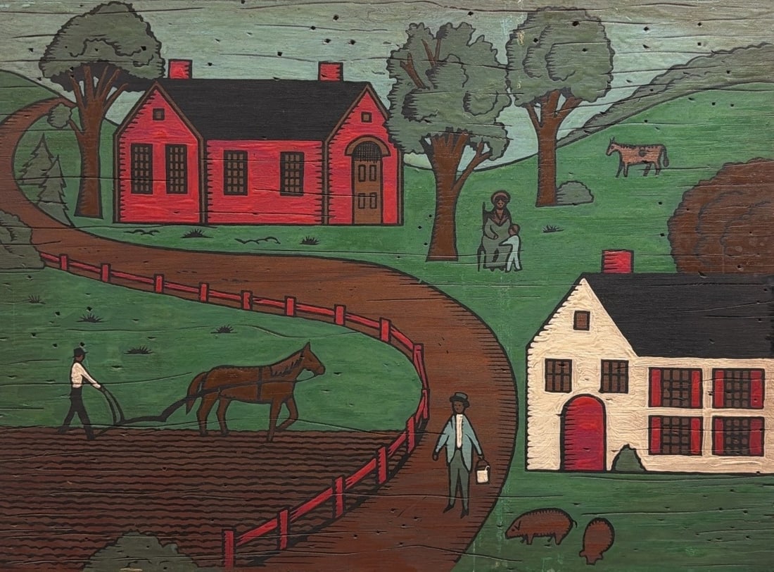 Black Americana Folk Art Farm Painting: In the style of Maud Lewis. Mixed media painting on wood panel. Measures 11.75" x 16" x .75" D.