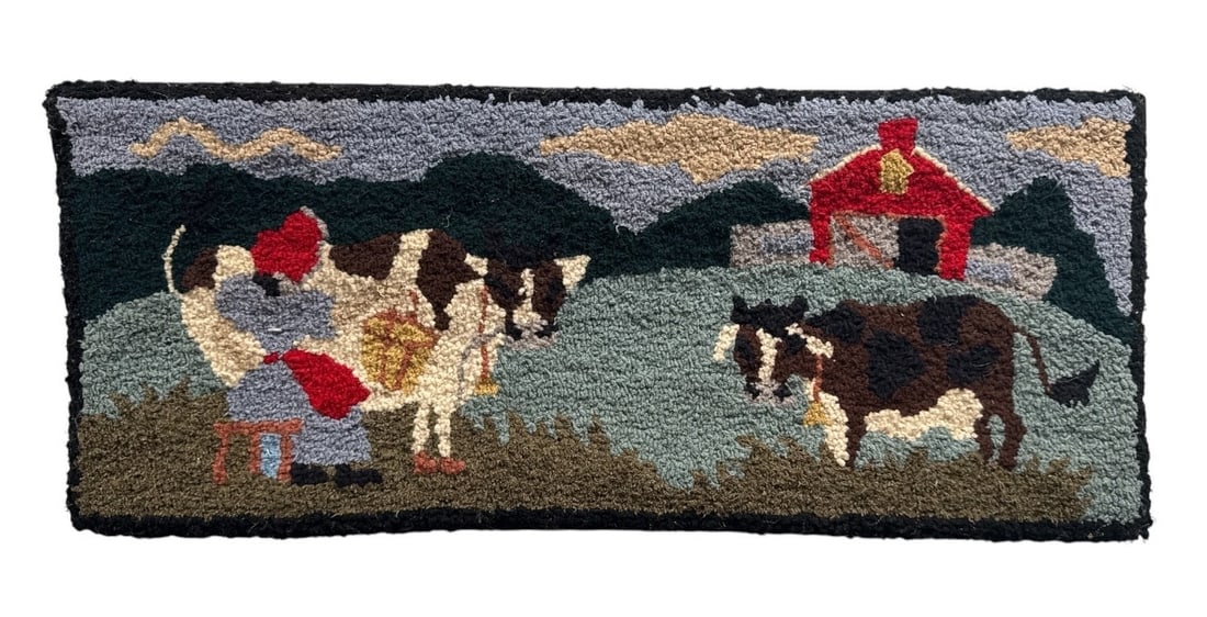 Antique Hook Rug of a Dairy Farm: 9.5" H x 23" W x 1" D.