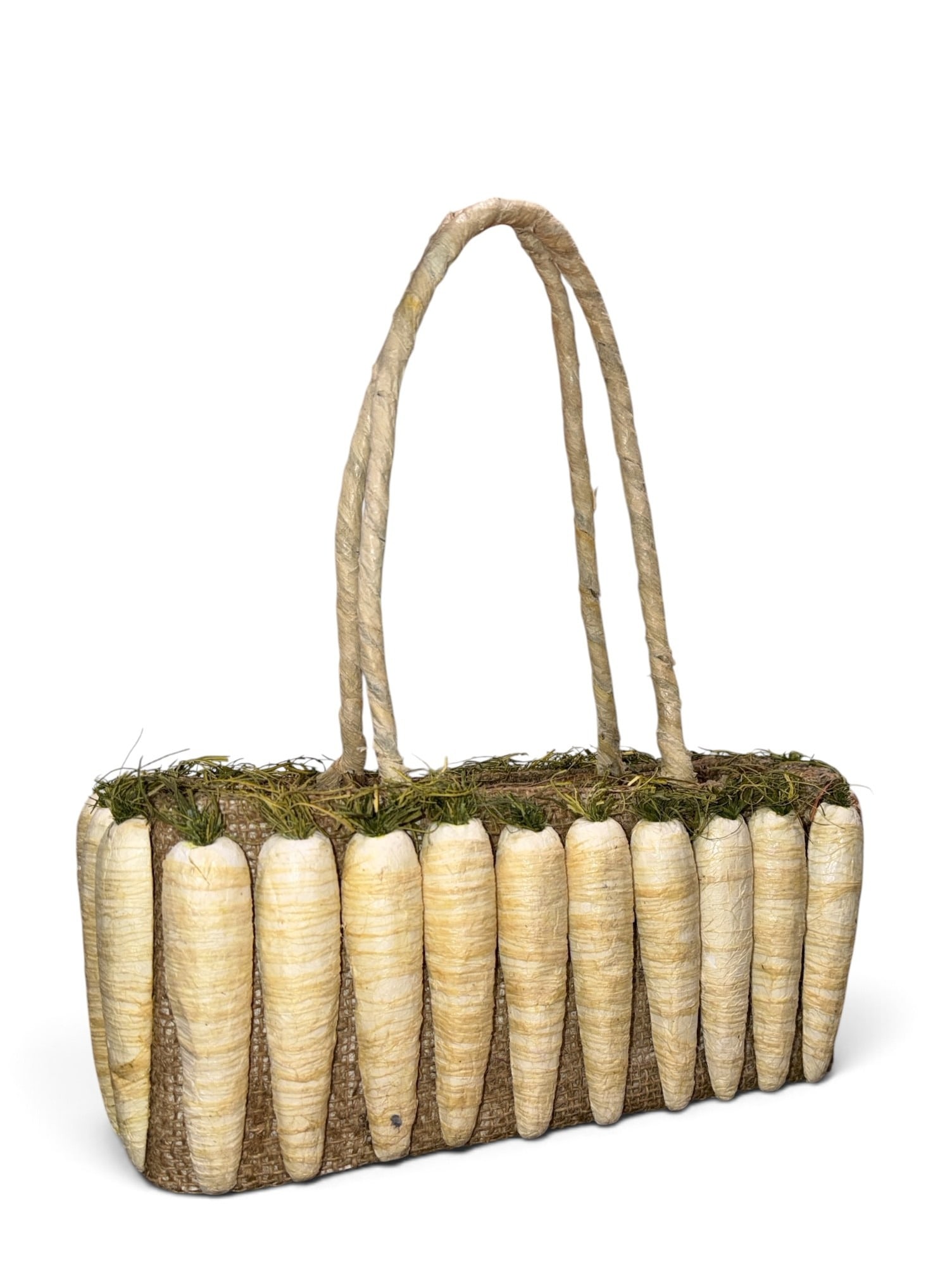 Folk Art Jute Parsnip Bag/Purse: Measures 5.5" H x 13.5" W x 5" D, 8.5" Handle drop. Includes a removable jute pouch with drawstring opening.