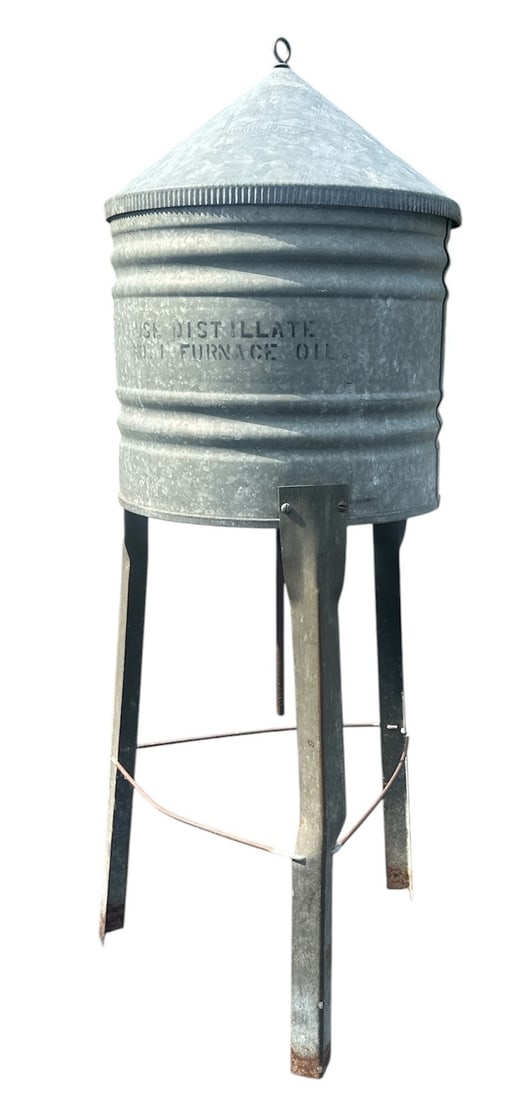 Early Galvanized Metal Fuel Towner: Measures 39" H x 13" overall diameter.