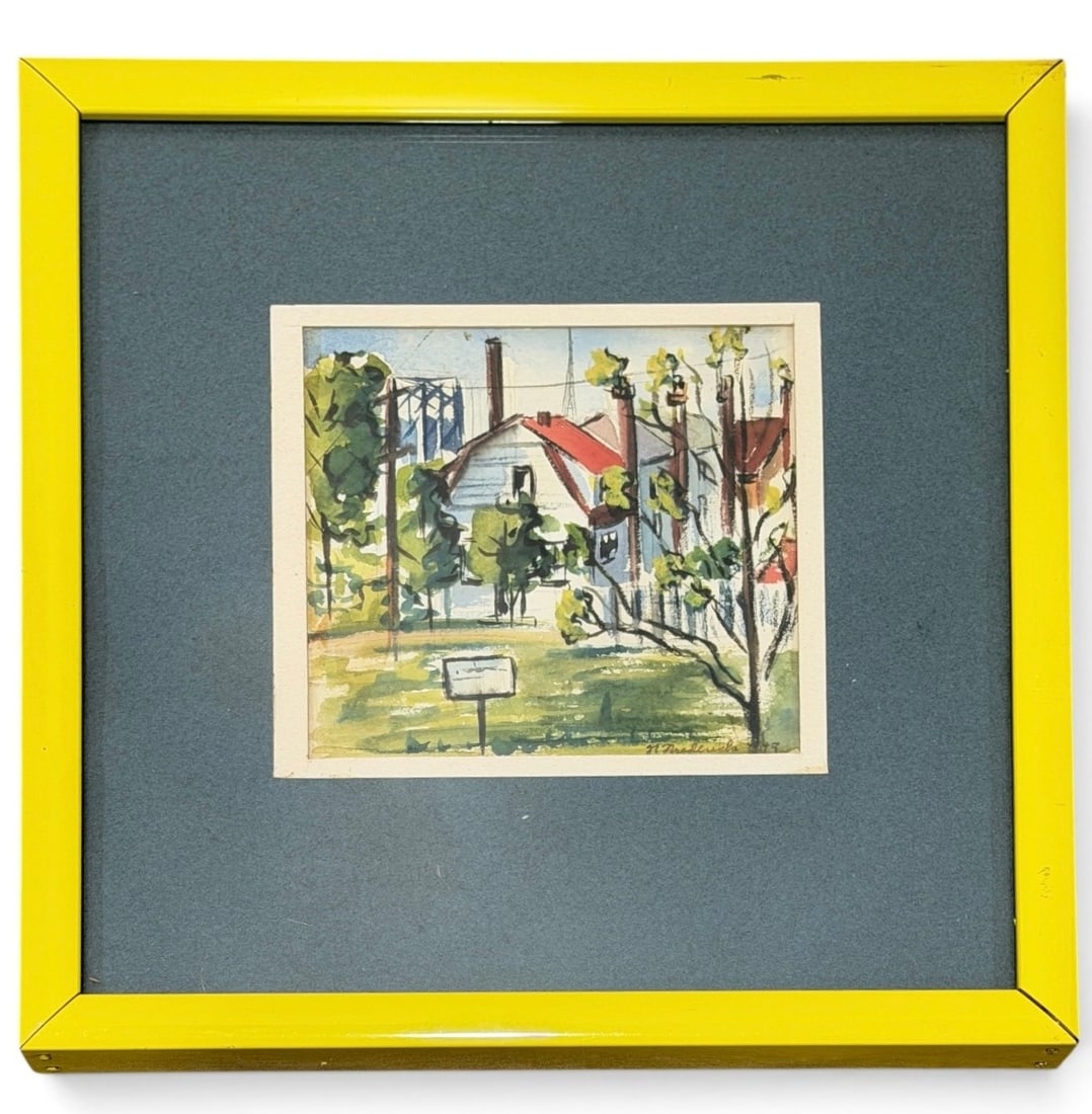 Vintage Industrial Town Watercolor Painting: Signed and dated 1949 in the lower right corner. Features a red-roofed house in front of an industrial plant. Measures 10" x 10" x 1" D in the frame, sight measures 4.5" x 4.5".