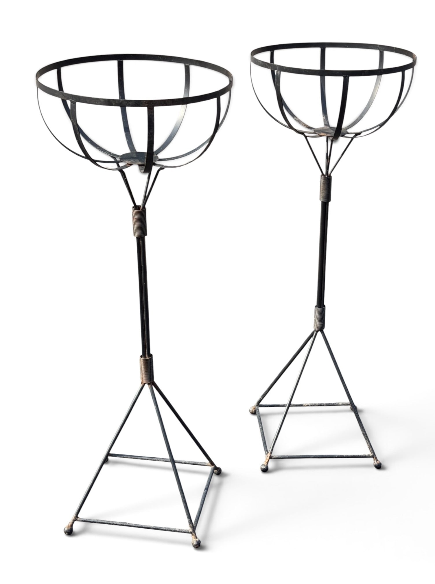 Modernist Wrought Iron Basket Plant Stands, Pair: 35" H x 13" overall diameter metal and iron