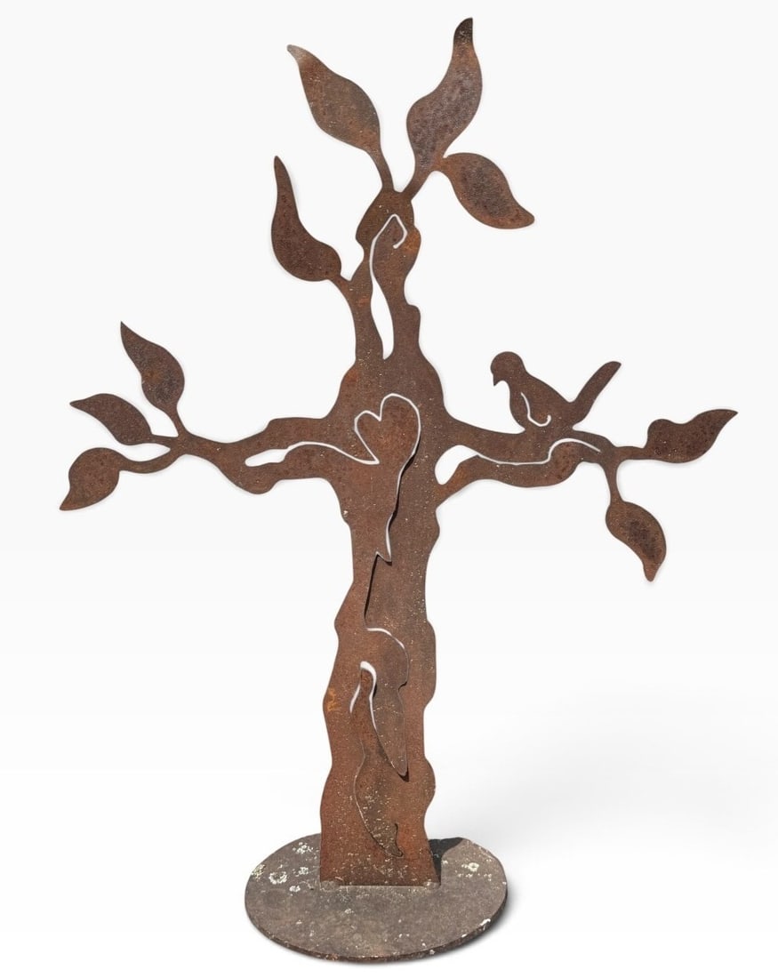 Brutalist Metalwork Tree of Life Sculpture: Measures 28" H x 21" W x 7" D.
