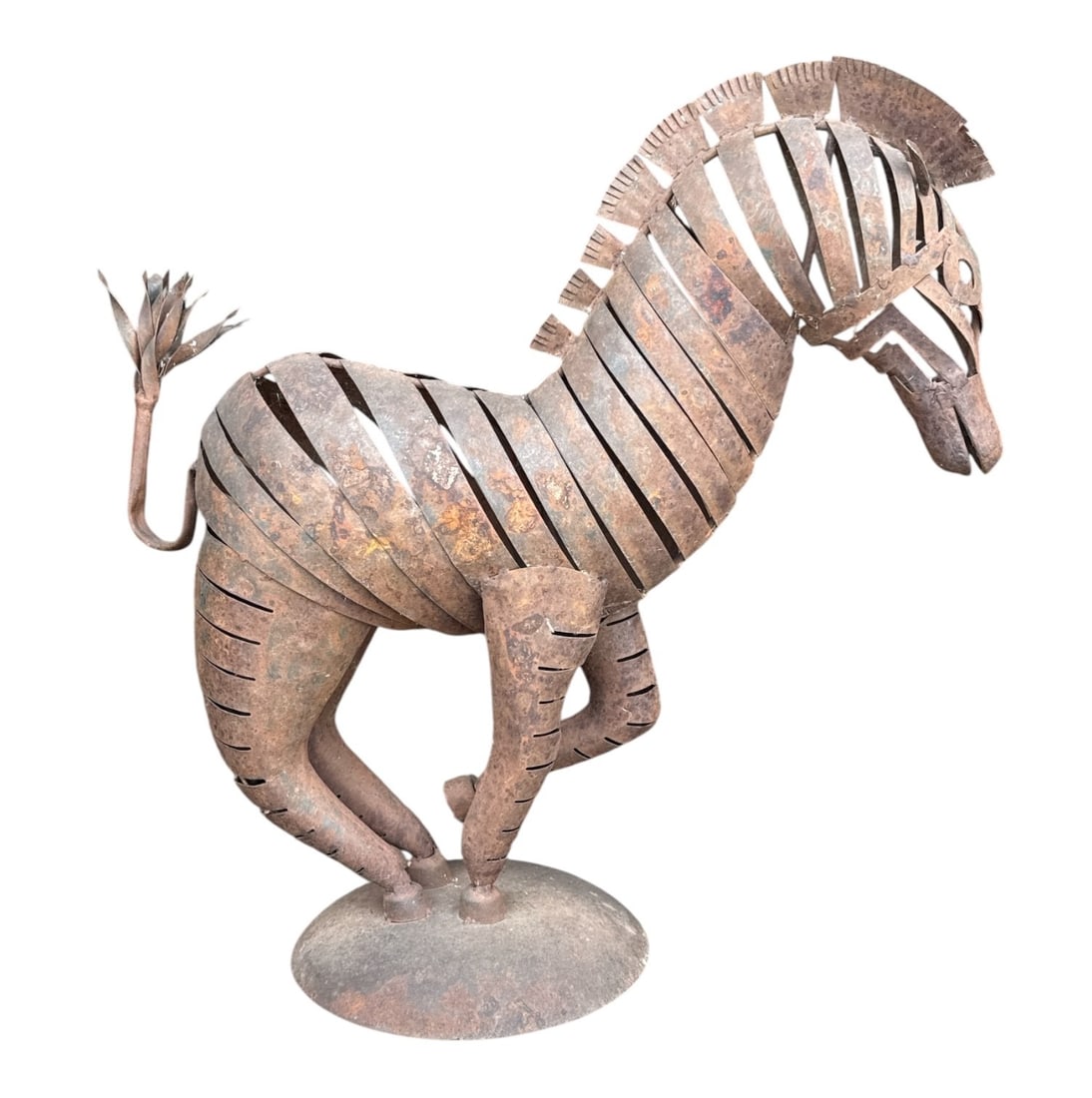Brutalist Zebra Metalwork Sculpture: Wrought metal. Measures 24" H x 24" W x 11" D.